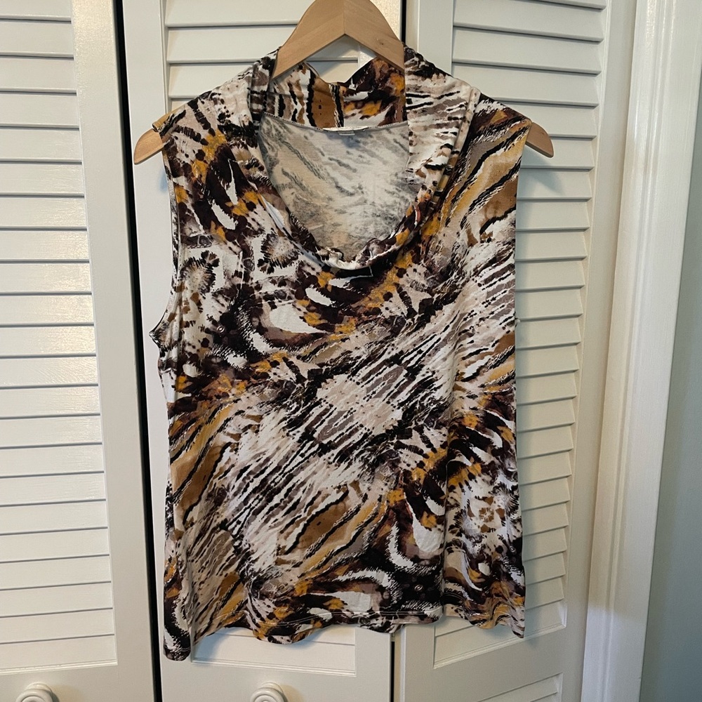 Fierce 😂 Tahari abstract animal print cowl neck blouse; size Large